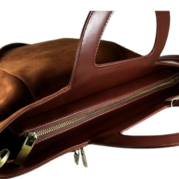 Anthroplogie Brown Faux Suede Leather Crossbody Tote Satche - Picture 10 of 10